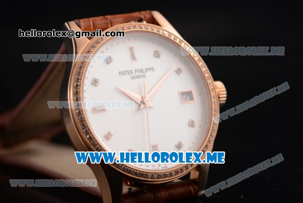 Patek Philippe Calatrava Miyota 9015 Automatic Rose Gold Case with White Dial Brown Leather Strap and Diamonds Markers Diamonds Bezel - Click Image to Close